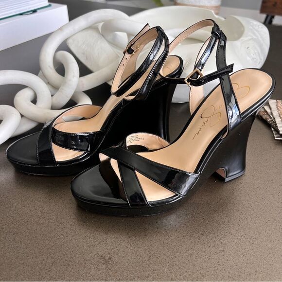 Jessica Simpson Black Patent Leather Wedge Sandals 7.5M - Picture 2 of 6